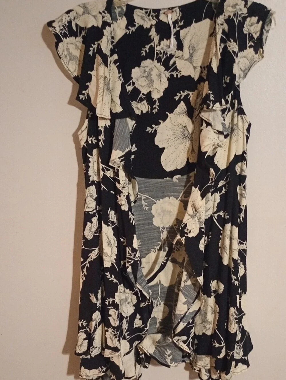 Free People Black And White Floral Ruffle Wrap Dress